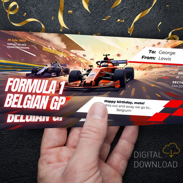 Billet de Formule 1 modifiable | GP de Belgique | Modèle numérique de course personnalisé | Billet cadeau surprise pour une course | Billet de course imprimable
