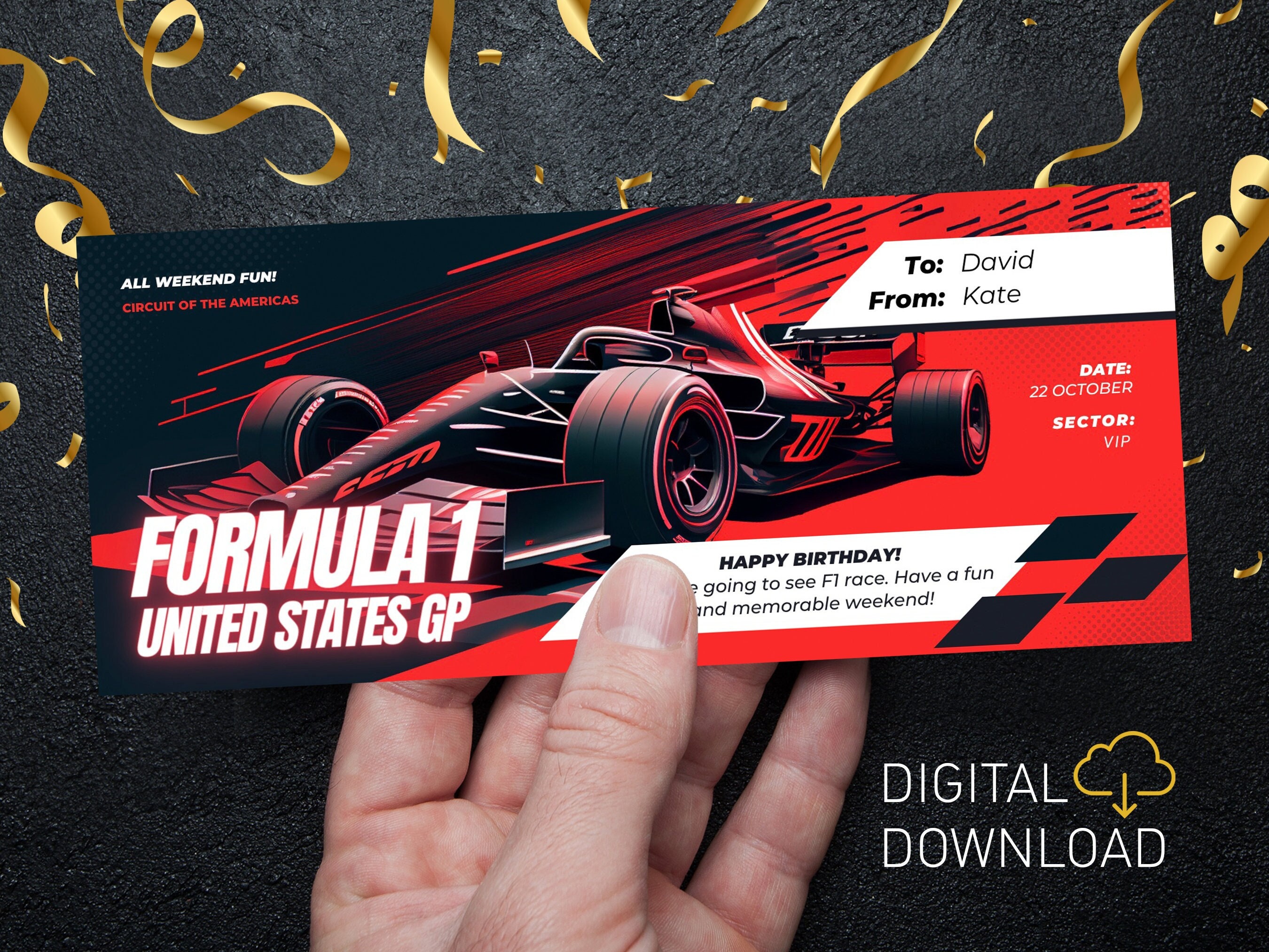 Editable Formula Ticket |  F1 US Grand Prix | Custom F1 Digital template | Surprise gift ticket for a race |  Printable F1 ticket