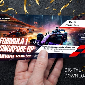 Bearbeitbares Formelticket |  Singapur-Rennen-GP | Benutzerdefinierte Digitale Vorlage | Überraschungsgeschenk-Eintritt für ein Rennen |  Ausdruckbare Formel-Karte