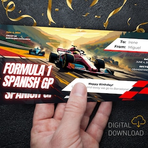 Bearbeitbares Formelticket | Barcelona Rasse | Benutzerdefinierte spanische gp Digitale Vorlage | Überraschungsgeschenk-Eintritt für ein Rennen |  Ausdruckbare Formel-Karte