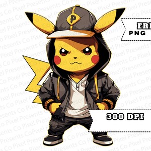 May include: A cartoon illustration of a yellow Pikachu wearing a black and grey hoodie, a black baseball cap with a white letter 'P' on it, and black sneakers. The Pikachu is standing with its arms crossed and has a serious expression on its face.