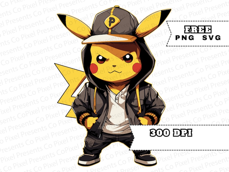 May include: A cartoon illustration of a yellow Pikachu wearing a black and grey hoodie, a black baseball cap with a white letter 'P' on it, and black sneakers. The Pikachu is standing with its arms crossed and has a serious expression on its face.