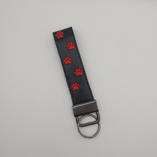 Embroidered Black and Red Dog Paw Print Faux Leather Key Fob | Keyring | Subtle PetPlay Fashion Accessory | Keychain