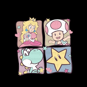 以下が含まれることがあります： スーパーマリオシリーズの漫画のキャラクター4人をコラージュしたものです。左上の画像は、花束を持ったピーチ姫です。右上の画像は、笑顔で手を振るキノピオです。左下の画像は、舌を出したヨッシーです。右下の画像は、顔のある黄色の星です。