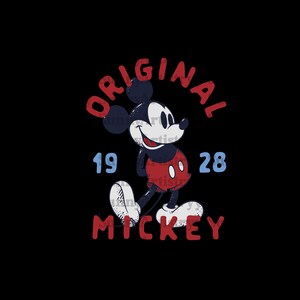 May include: A vintage-style illustration of Mickey Mouse in red shorts and black shoes. The text "ORIGINAL 19 28 MICKEY" is displayed in a distressed font.