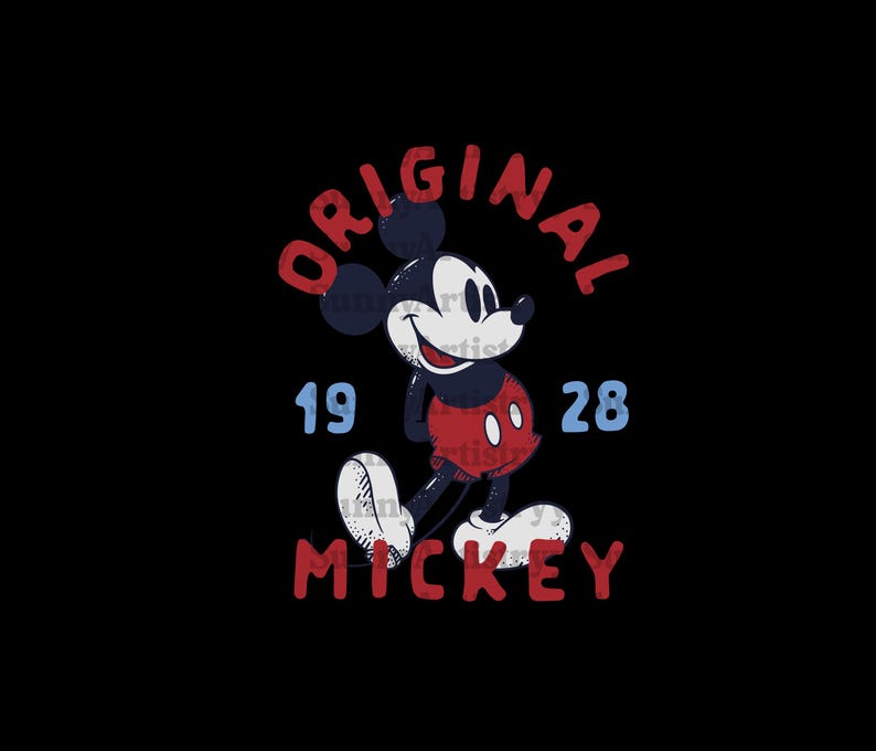 May include: A vintage-style illustration of Mickey Mouse in red shorts and black shoes. The text "ORIGINAL 19 28 MICKEY" is displayed in a distressed font.