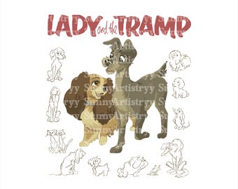 May include: A digital illustration of Lady and the Tramp, two dogs from the Disney movie, with the title "Lady and the Tramp" in red text above them. The image is surrounded by smaller illustrations of dogs in various poses.