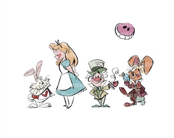 May include: A cartoon illustration of Alice in Wonderland characters. Alice is wearing a blue and white dress and standing next to a white rabbit with a red heart on its chest. The Mad Hatter is wearing a green and brown suit and a tall hat. The March Hare is wearing a red and brown suit and holding a teacup. The characters are all standing on a white background.