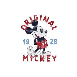 May include: A vintage-style illustration of Mickey Mouse with the text "ORIGINAL MICKEY" in red and blue lettering. The numbers "19" and "28" are also included in blue.