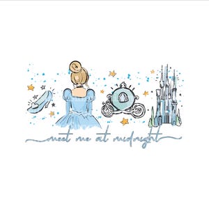 May include: Watercolor illustration featuring Cinderella. The image includes a blue dress, glass slipper, carriage, and castle. The text "meet me at midnight" is written in cursive. Gold stars and blue paint splatters complete the design.
