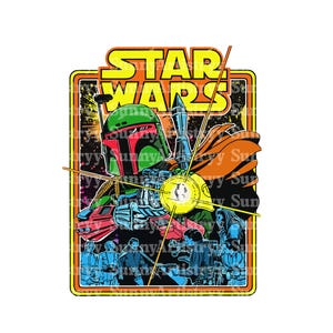 May include: A Star Wars graphic featuring Boba Fett in a green helmet, with the words "STAR WARS" in yellow. The image has a retro, vintage style with a black background and a border.