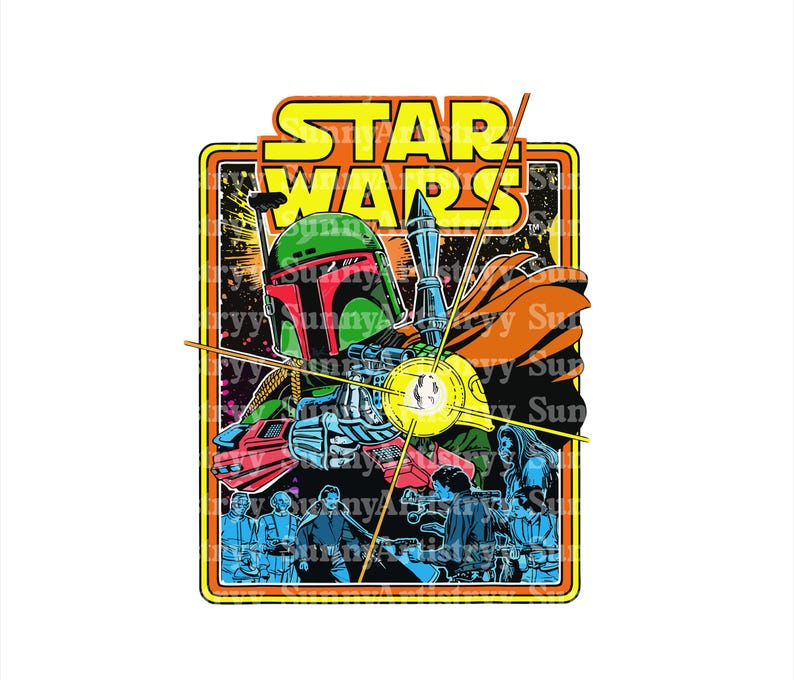 May include: A Star Wars graphic featuring Boba Fett in a green helmet, with the words "STAR WARS" in yellow. The image has a retro, vintage style with a black background and a border.