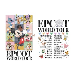 May include: A white graphic featuring Mickey Mouse and friends, with the text "EPCOT WORLD TOUR." The design includes various Disney characters in colorful squares and a list of cities around the world.
