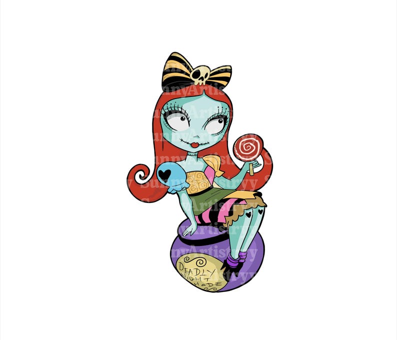 May include: A cartoon illustration of a girl with red hair, wearing a green and pink dress, sitting on a purple jar with the words "Deadly Night Made" on it. She is holding a red lollipop in her right hand.