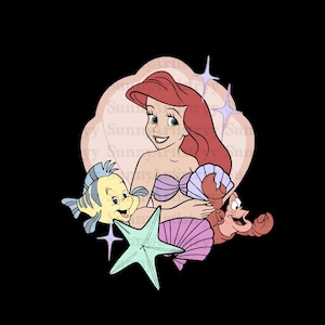 May include: Ariel, the Little Mermaid, sits inside a pink seashell with a purple seashell and a starfish. She is holding a purple seashell and a red crab with a blue and yellow fish beside her.