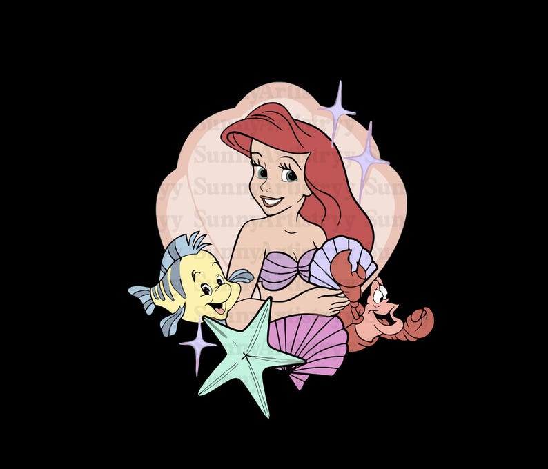 May include: Ariel, the Little Mermaid, sits inside a pink seashell with a purple seashell and a starfish. She is holding a purple seashell and a red crab with a blue and yellow fish beside her.