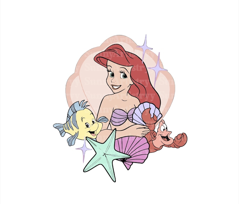 May include: A cartoon illustration of Ariel, the Little Mermaid, sitting inside a pink seashell with a yellow fish and a red crab. Ariel is wearing a purple seashell bra and has red hair. The background is a light pink with sparkles.