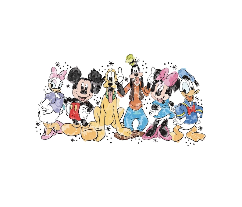 May include: A group of seven Disney characters, including Mickey Mouse, Minnie Mouse, Donald Duck, Goofy, Pluto, and Daisy Duck, are depicted in a cartoon style. The characters are all smiling and appear to be having fun together.