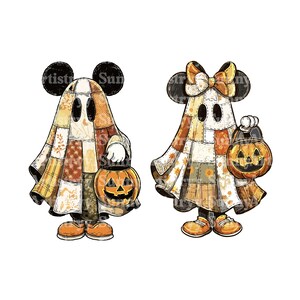 May include: Two cartoon ghosts in patchwork costumes, one with Mickey Mouse ears and the other with Minnie Mouse ears and a bow. Each ghost holds a carved pumpkin lantern. The costumes are in shades of orange, brown, and yellow.