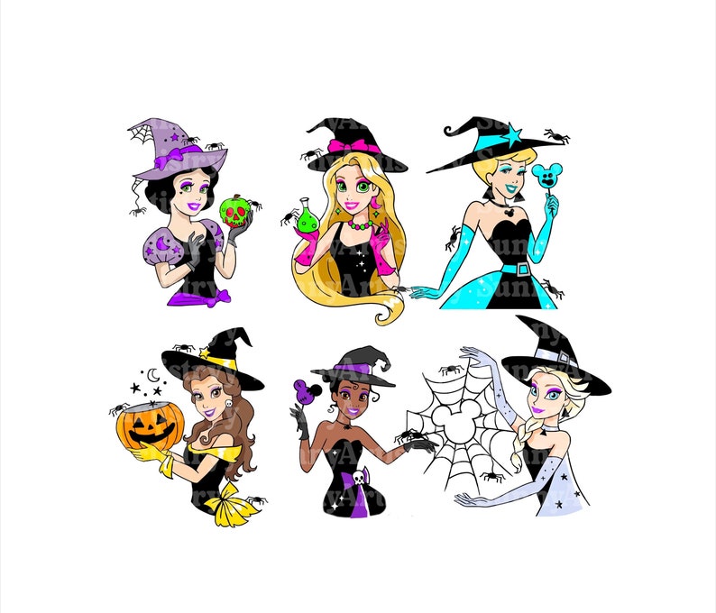 May include: Six Disney princesses dressed as witches for Halloween. Each princess is wearing a witch's hat and holding a Halloween-themed prop. The princesses are Snow White, Rapunzel, Cinderella, Belle, Tiana, and Elsa.