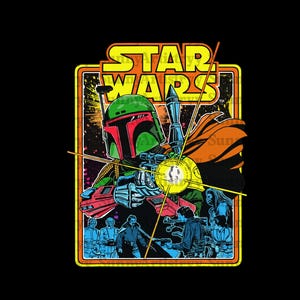 May include: A vintage-style Star Wars graphic featuring Boba Fett in a green and red helmet, holding a weapon. The image has a retro aesthetic with the words "STAR WARS" in yellow and orange. The background is black with a colorful, space-themed design.