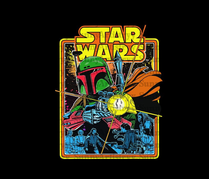 May include: A vintage-style Star Wars graphic featuring Boba Fett in a green and red helmet, holding a weapon. The image has a retro aesthetic with the words "STAR WARS" in yellow and orange. The background is black with a colorful, space-themed design.