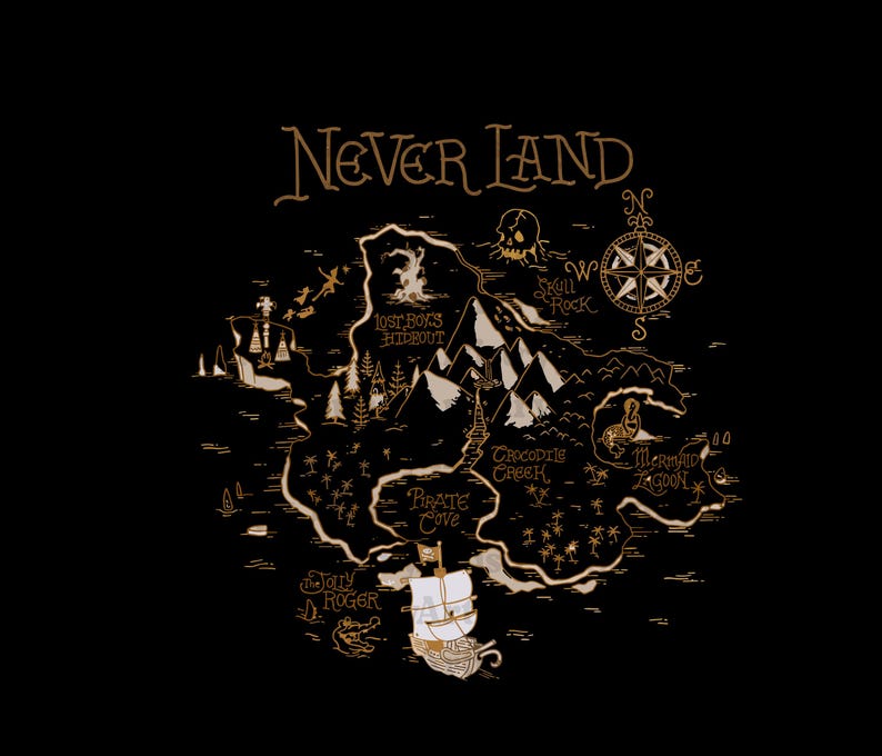 May include: A vintage-style map of Neverland, a fictional island from the Peter Pan stories. The map features various locations, including Pirate Cove, Mermaid Lagoon, and Skull Rock. The map is drawn in a brown and white color scheme on a black background.