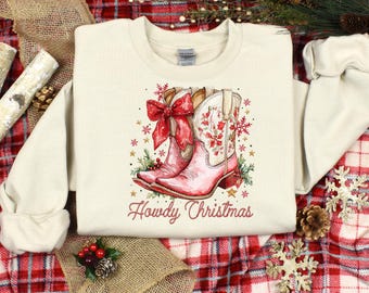Howdy Christmas Pink Boots Sweatshirt, Western Christmas, Coquette Christmas, Holiday Cowgirl Christmas, Christmas Holiday Sweatshirt