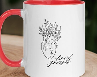 Love Yourself Ceramic Coffee Mug, Floral Heart Design
