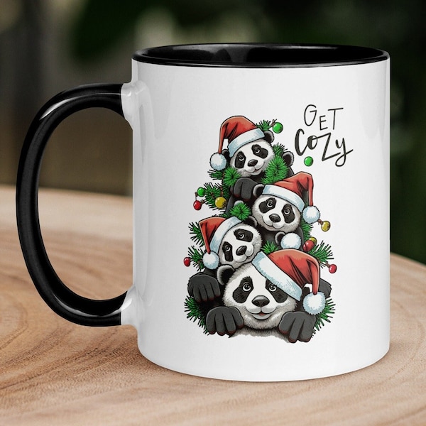 Cozy Pandas in Christmas Hats Mug, Get Cozy Holiday Coffee Cup, Festive Panda Drinkware, Cute Xmas Gift for Panda Lovers, Winter Ceramic Mug