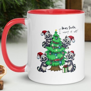 Feliz Navidad Raccoon Squad Taza, Querido Santa, Lo quiero todo taza de café, Bebidas festivas navideñas, Regalo de Navidad para los amantes de los mapaches