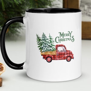 Red truck Christmas Mug, Festive Holiday Tea Cup,  Unique Xmas Gift for Coffee Lovers, Merry Christmas Ceramic Coffee Cup