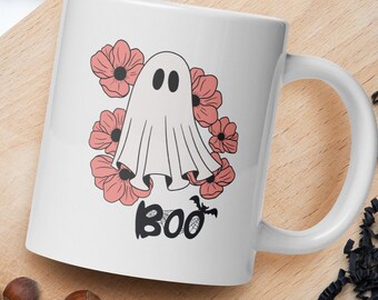 Floral Ghost Coffee Mug, Spooky Season Boo Cup