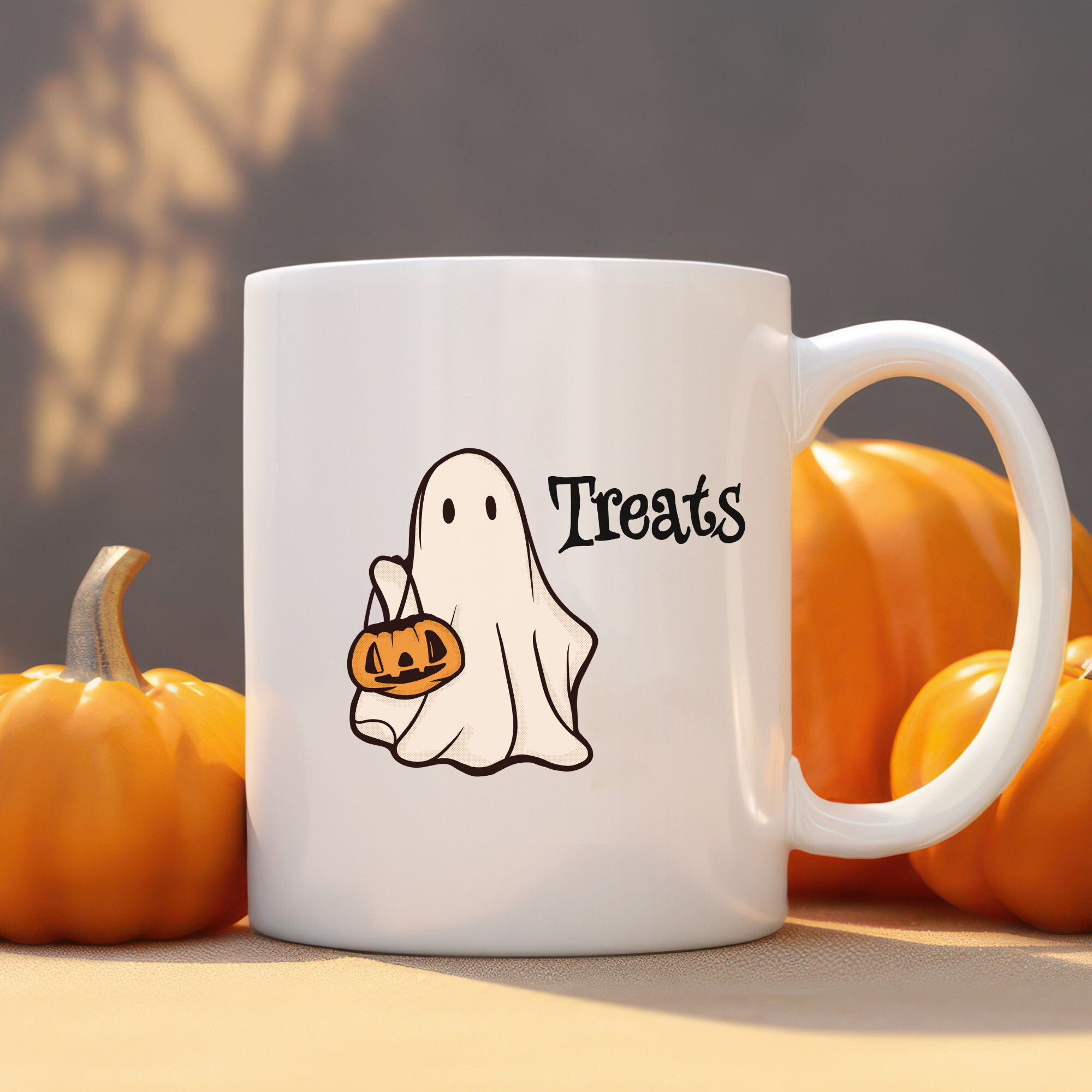 Spooky Ghost with Pumpkin Basket Halloween Mug, Cute Halloween Gift, Funny Halloween Coffee Mug, Fall Autumn Tea Cup, Trick or Treat