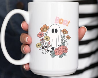 Floral Ghost Halloween Coffee Mug, Spooky Season Ceramic Mug