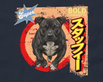 Black Staffie T-Shirt : Retro Japanese Style Staffordshire Bull Terrier Tee