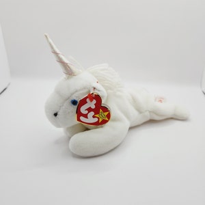 Vintage Ty Beanie Baby &#39;Mystic&#39; the White Unicorn (8 inch) Yarn Mane Version