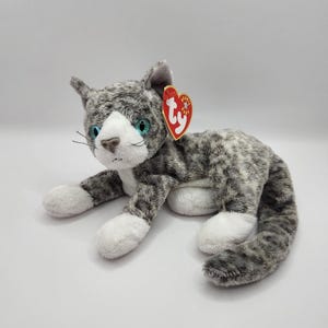 May include: Gray and white plush cat with blue eyes. The cat is lying down with its head turned to the side. The cat has a Ty tag attached to its ear.