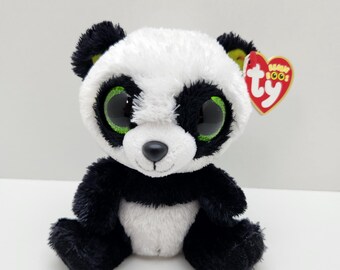 Ty Beanie Boo "Bamboo" the Panda Bear (6 inch) - Glitter Eyes (Green)