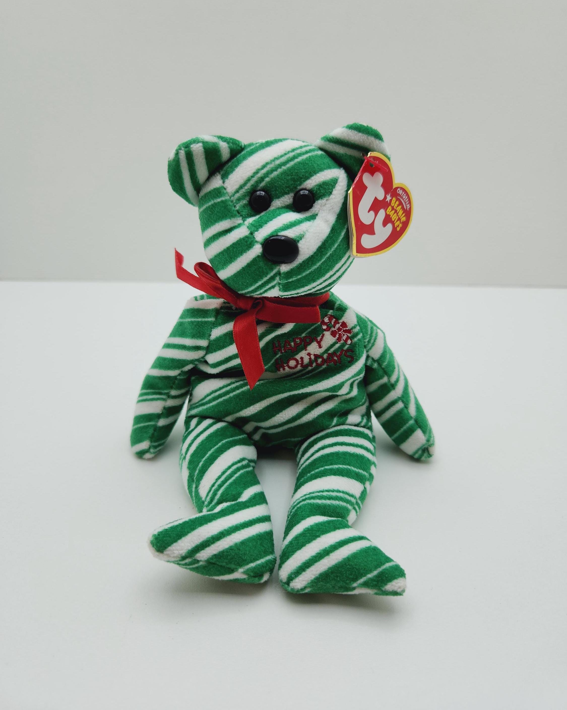 Vintage Ty Beanie Baby 'Holiday Teddy' the Green Striped Bear (8.5
