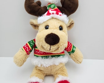 Holiday Moose Plush Wearing A Sweater and Hat (14 inch)