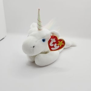 Vintage Ty Beanie Baby &#39;Mystic&#39; the White Unicorn (8 inch) Rainbow Mane Version