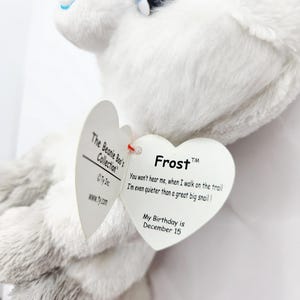 May include: A white plush toy with blue accents and large, glittery eyes. The toy has a heart-shaped tag that reads "Frost" and includes a poem and the birthday, December 15. Part of The Beanie Boo's Collection.