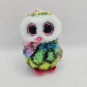 May include: A small, colourful plush owl with large, glittery eyes. The owl has a white face and a rainbow-coloured body with green, blue, and pink accents.
