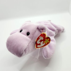 Vintage Ty Beanie Baby &quot;Happy&quot; the Purple Hippopotamus (9 inch) *Rare* Handmade in Indonesia with Canadian Tush Tag