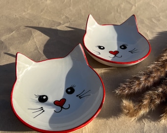 Comedero de cerámica hecho a mano para gatos con orejas, colorido plato para comida de gatitos