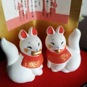 Japanische Kitsune Inari Fuchs Paar Keramik Verzierung Geschenk Shinto-Schirm