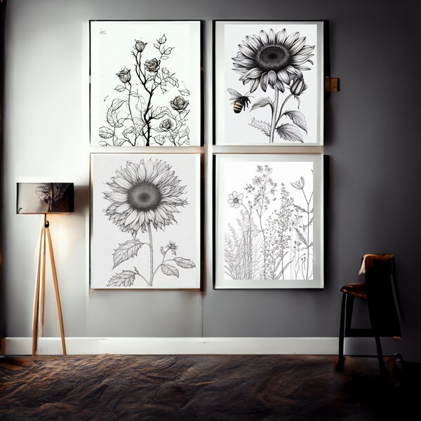 Flower 4 Frame, 4 Flower Combination, 4 Flower Framed, Flower Combination, Black and White