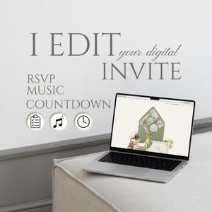 Może przedstawiać: Laptop wyświetlający cyfrowy projekt zaproszenia z grafiką koperty. Tekst na ekranie i na ścianie brzmi: "I EDIT your digital INVITE, RSVP, MUSIC, COUNTDOWN". Laptop znajduje się na jasnej, amortyzowanej powierzchni.