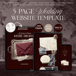 Plantilla web de boda color burdeos para Canva, invitación digital con sobre en relieve, invitación web de boda de estilo clásico dibujada a mano con confirmación de asistencia en línea.